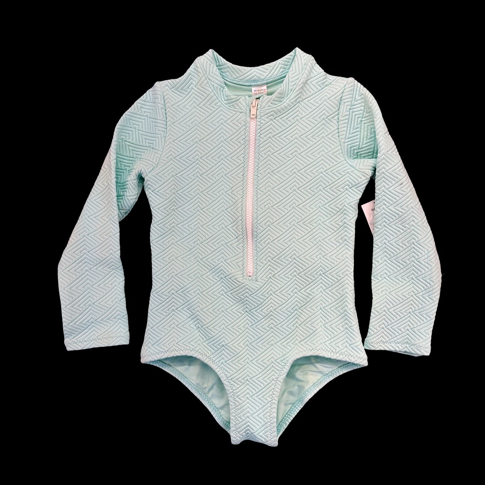 Minny Wet Girls 8Y Rash Guard One Piece Swimsuit Aqua Long Sleeve Zip Front NWT